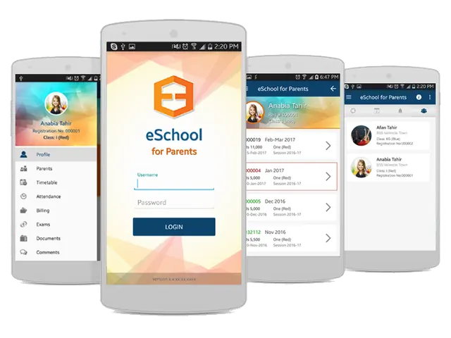 eSchool for Parents mobile app screens: login, child profile, attendance and fee